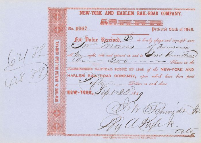 New-York and Harlem Rail Road Co. Issued to Gouverneur Morris of Morrisania - Autographed Stocks and Bonds