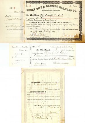 Jersey City and Bayonne Railroad Co. Transferred to C. Vanderbilt - Autographed Stocks and Bonds