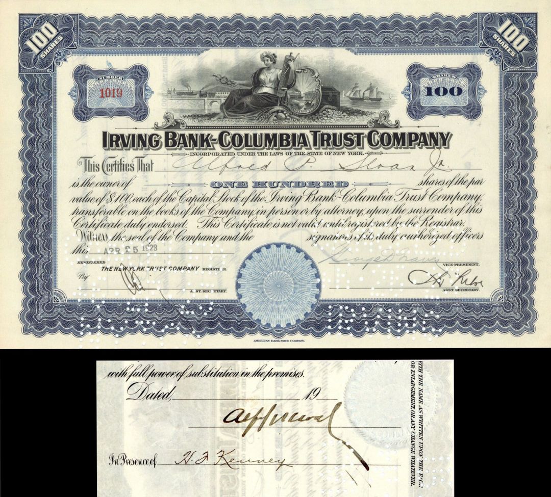 Irving Bank-Columbia Trust Co. Issued to and Signed by Alfred P. Sloan Jr. - 1923 dated Autographed Banking Stock Certificate