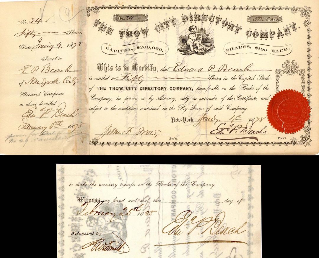 Trow City Directory Co. Issued to and Signed 3 times by Edward P. Beach - Stock Certificate