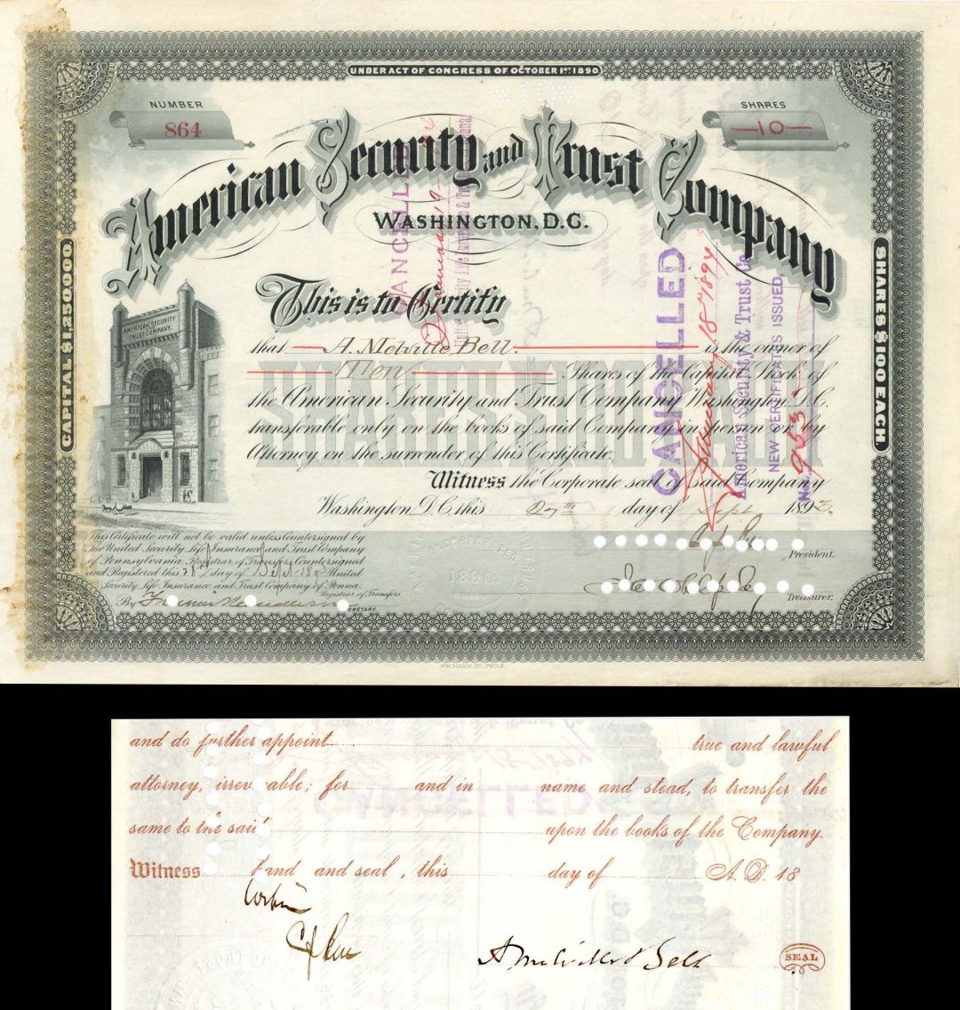 American Security and Trust Co. Issued to and Signed by A. Melville Bell - Stock Certificate