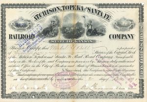 Atchison, Topeka and Santa Fe Railroad Co. Issued to and Signed by Mabel G. Bell - Stock Certificate