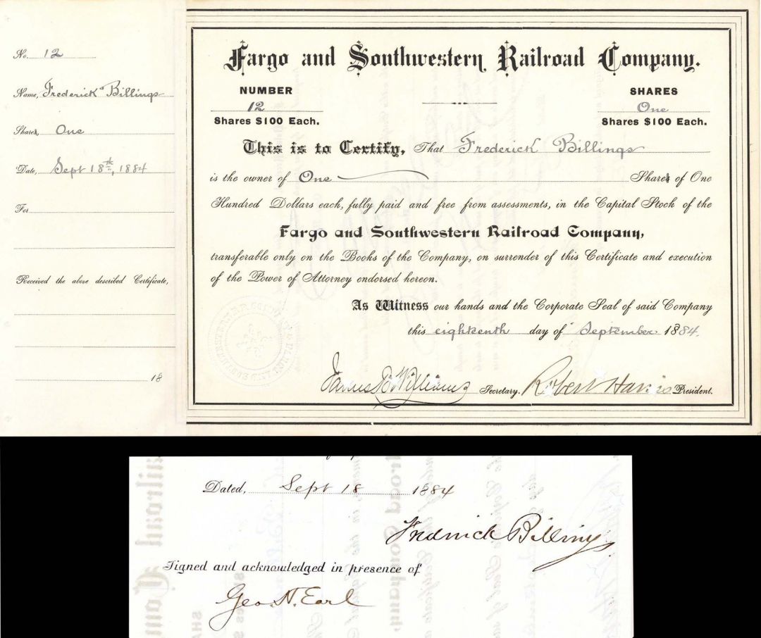 Fargo and Southwestern Railroad Co. Issued to and Signed by Frederick Billings - Stock Certificate