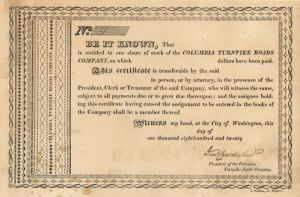 Columbia Turnpike Roads Co. Signed by Dan'l Carroll - Stock Certificate