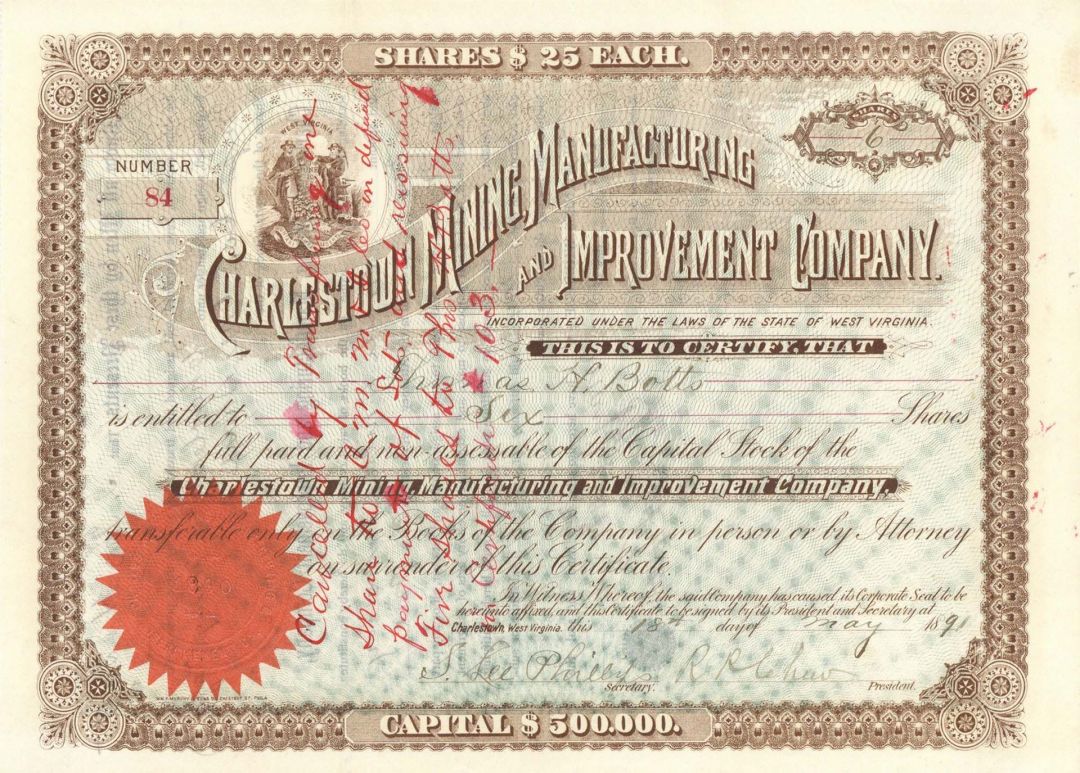 Charlestown Mining, Manufacturing and Improvement Co. Signed by R. P. Chew - Stock Certificate