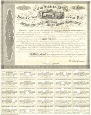 Rutland and Washington Railroad Co $1,000 Bond signed by Erastus Corning - 1852 dated Autograph Bond