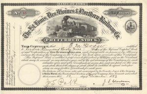 St. Louis, Des Moines and Northern Railway Co. Issued to G. M. Dodge - 1883 dated Stock Certificate