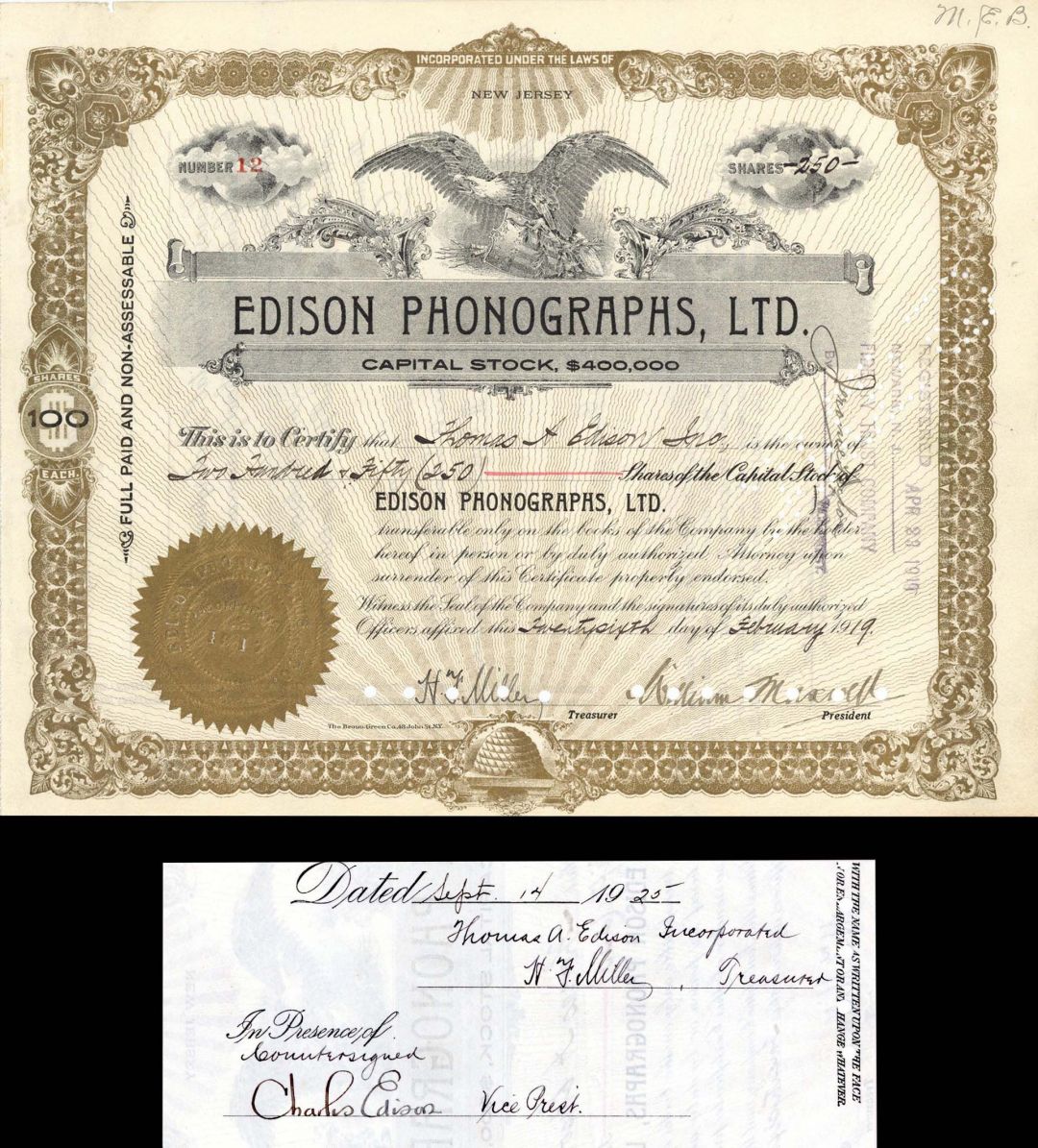Edison Phonographs, Ltd. Signed by Charles Edison - Stock Certificate