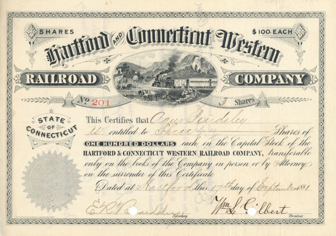 Hartford and Connecticut Western Railroad Co. Signed by William Gilbert - Stock Certificate 
