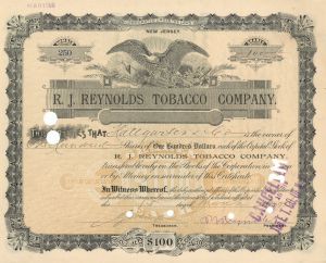 R.J. Reynolds Tobacco Co. Signed by R.J. Reynolds - Stock Certificate