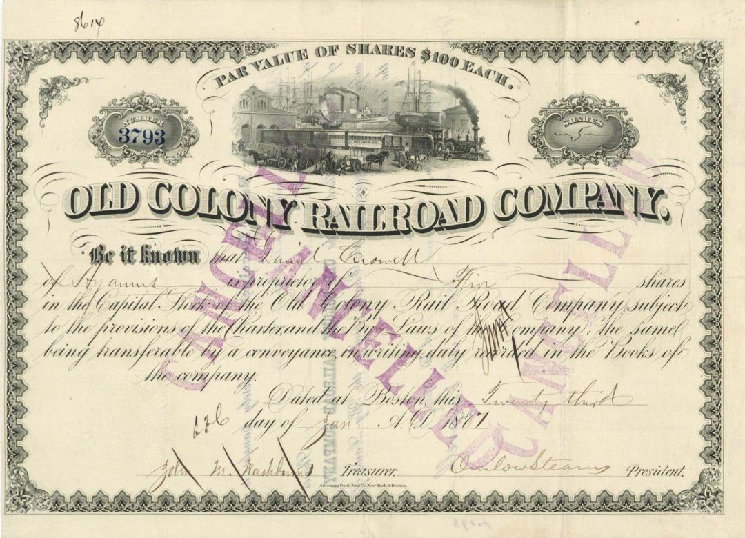 Old Colony Railroad Co. signed by Onslow Stearns - Stock Certificate