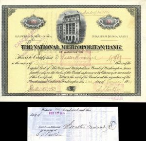 National Metropolitan Bank of Washington Issued to and Signed by S. Walter Woodward - Stock Certificate