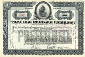 Cuba Railroad Co. - Issued to Will of Sir William C. Van Horne - Stock Certificate
