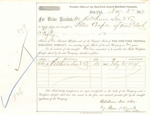 New-York Central Rail-Road Co. Stock Transfer to Peter Cooper, not signed - 1862 dated Transfer Receipt - Not Signed - SOLD