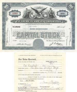 Pan American Airways Corp. issued to Juan T. Trippe and signed on back - 1941 dated Autographed Stock Certificate