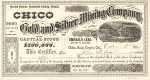 1867 dated Chico Gold and Silver Mining Co. signed by J. Bidwell - Autographed Stocks and Bonds