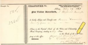 1851 dated Utica and Schenectady Rail-Road Co. issued to Eliphalet Remington and signed by Erastus Corning - Autographed Stocks and Bonds