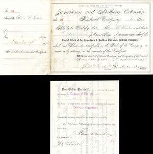Jamestown and Northern Extension Railroad Co. dated 1896 and issued to Edwin W. Winter & signed by him and Geo. H. Earl - Autographed Stocks and Bonds