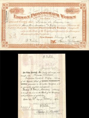 Edison Phonograph Works dated 1918 and issued to Thomas A. Edison, Inc. - Autographed Stocks and Bonds