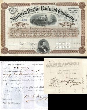 Northern Pacific Railroad Co. dated 1876 Issued to and Signed by Wm. G. Fargo - Autographed Stock Certificate