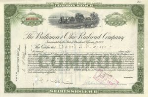 Baltimore and Ohio Railroad Co. dated 1914 and Issued to Edward H.R. Green - Autographed Stocks and Bonds