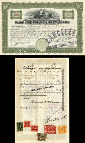 Irving Bank-Columbia Trust Co. dated 1925 and Issued to and signed by Edward H.R. Green - Autographed Stocks and Bonds