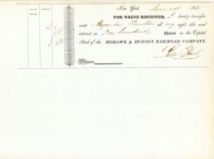 Mohawk and Hudson Railroad Co. dated 1835 and issued to Alexander Hamilton - Autographed Stocks and Bonds