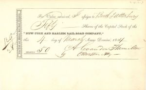 New-York and Harlem Rail-Road Co. dated 1834 or 1835 and signed by attorney for Alexander Hamilton - Autographed Stocks and Bonds