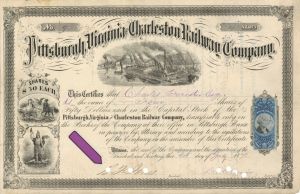 Pittsburgh, Virginia and Charleston Railway Co. dated 1872 and signed by B. F. Jones - Autographed Stocks and Bonds