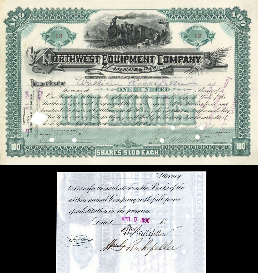 Northwest Equipment Co. of Minnesota dated 1888 and signed by Wm. Rockefeller and Wm. G. Rockefeller - Autographed Stocks and Bonds