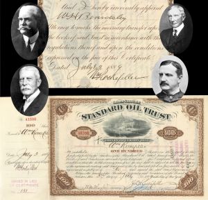 Standard Oil Trust  Issued to/Signed by William Rockefeller on stub & back - also signed by J.D. Rockefeller, H.M. Flagler, W.H. Beardsley and Freeman - 1889 dated Autographed Oil Stock Certificate