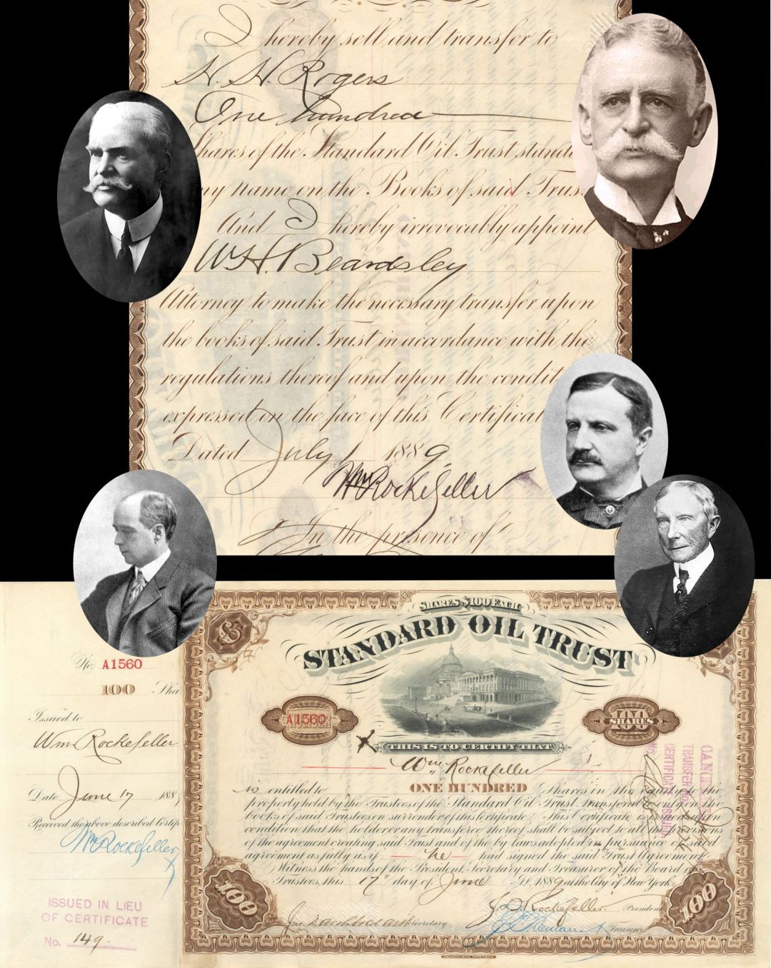 Standard Oil Trust Issued to and Signed by William Rockefeller on stub & back - also signed by J.D. Rockefeller, Jno. D. Archbold, W.H. Beardsley and transferred to H.H. Rogers - 1889 dated Autographed Oil Stock Certificate
