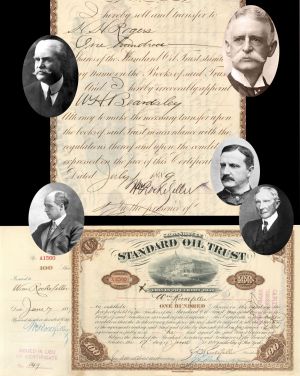 Standard Oil Trust  Issued to and Signed by William Rockefeller on stub & back - also signed by J.D. Rockefeller, Jno. D. Archbold, W.H. Beardsley and transferred to H.H. Rogers - 1889 dated Autographed Oil Stock Certificate
