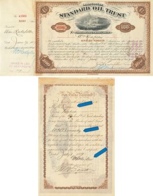 Standard Oil Trust dated 1889 Issued to/Signed by William Rockefeller on stub & back - also signed by J.D. Rockefeller as president - Autographed Oil Stock Certificate