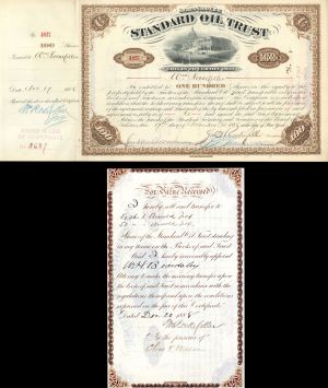 Standard Oil Trust dated 1886 issued to and signed by Wm. Rockefeller on back Signed by J.D. Rockefeller as president - Autographed Stocks and Bonds