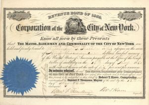 Corporation of the City of New York dated 1859 signed by Dan'l F. Tiemann as mayor - Autographed Stocks and Bonds