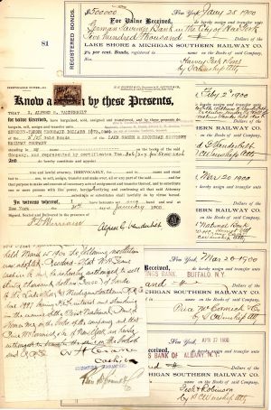 Lake Shore and Michigan Southern Railway Co. transfer sheet signed by Alfred G. Vanderbilt - Autographed Stocks and Bonds