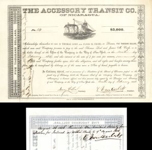 Accessory Transit Co. of Nicaragua dated 1856 and signed front and back by Commodore Cornelius Vanderbilt - Autographed Stocks and Bonds
