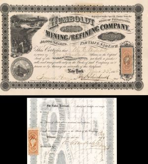 Humboldt Mining and Refining Co. dated 1866 and signed on back by William C. Vanderbilt - Autographed Stocks and Bonds