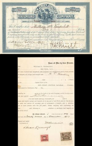 New Jersey Junction Railroad Co. dated 1917 issued to and signed by Wm. K. Vanderbilt - Autographed Stocks and Bonds