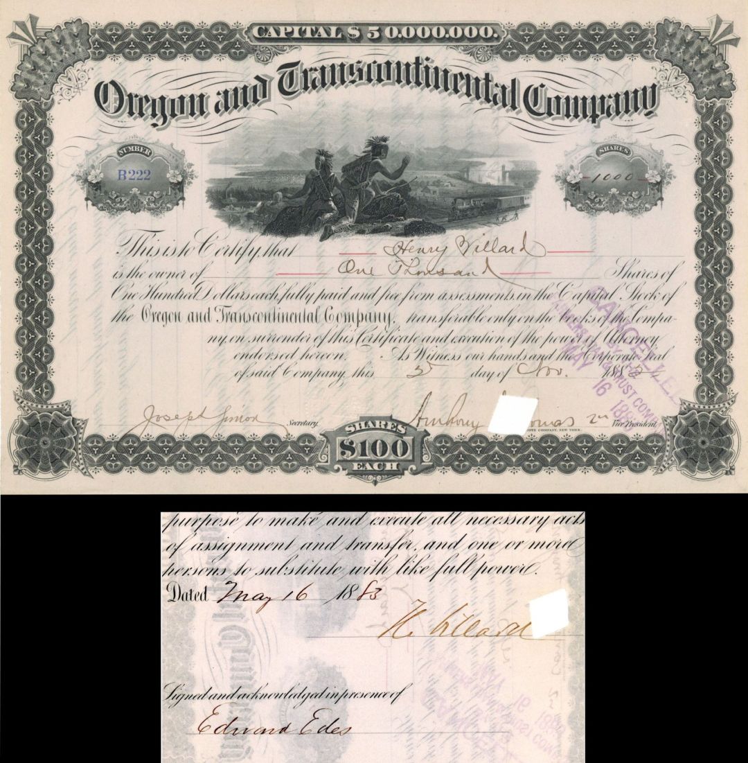 Oregon and Transcontinental Co. dated 1882 Issued to and signed by Henry Villard - Autograph Railroad Stock Certificate