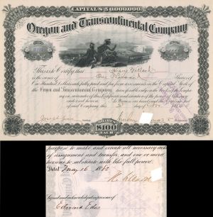 Oregon and Transcontinental Co. dated 1882 Issued to and signed by Henry Villard - Autograph Railroad Stock Certificate