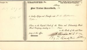 Utica and Schenectady Rail-Road Co. dated 1853 signed by Thurlow Weed - Autographed Stock Certificate