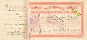 North River Construction Co. dated 1888 signed by Ashbel Green - Autographed Stock Certificate