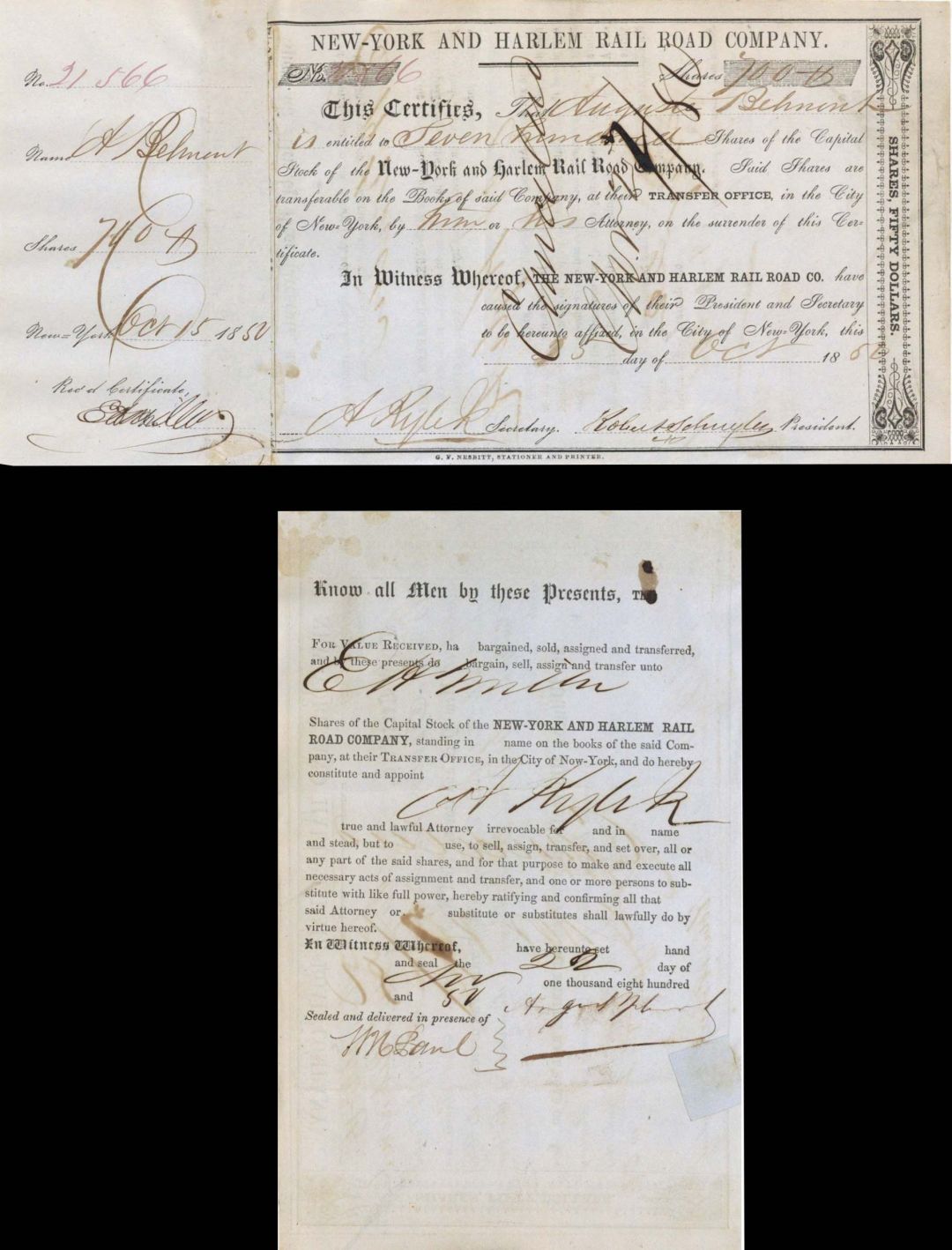 New-York and Harlem Rail Road Co. issued to and signed by August Belmont and Robert Schuyler dated 1848-1852 - Autographed Stocks and Bonds