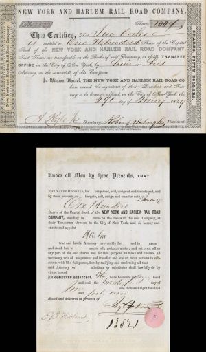 New York and Harlem Rail Road Co. issued to and signed by Jay Cooke on back and Robert Schuyler dated 1849 - Autographed Stocks and Bonds