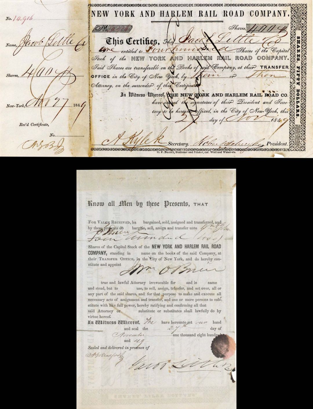 New York and Harlem Rail Road Co. signed by Jacob Little and Robert Schuyler dated 1849 - Autographed Stocks and Bonds