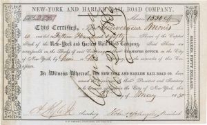 New-York and Harlem Rail Road Co. Issued to and signed by Gouverneur Morris of Morrisania and Robert Schuyler - 1850 dated Autographed Stocks and Bonds