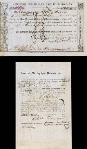 New-York and Harlem Rail Road Co. Issued to and signed twice by Gouverneur Morris of Morrisania and Robert Schuyler dated 1848-1850 - Autographed Stocks and Bonds