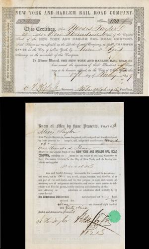 New York and Harlem Rail Road Co. issued to and signed by Moses Taylor and Robert Schuyler dated 1849- Autographed Stocks and Bonds